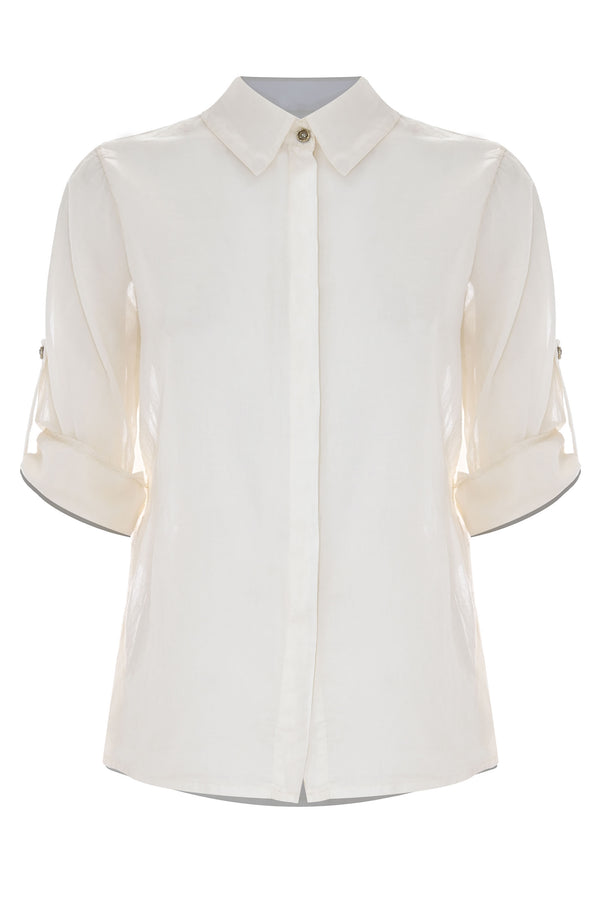 Delightful milk cream rolled sleeve blouse - Blouse  HODIN