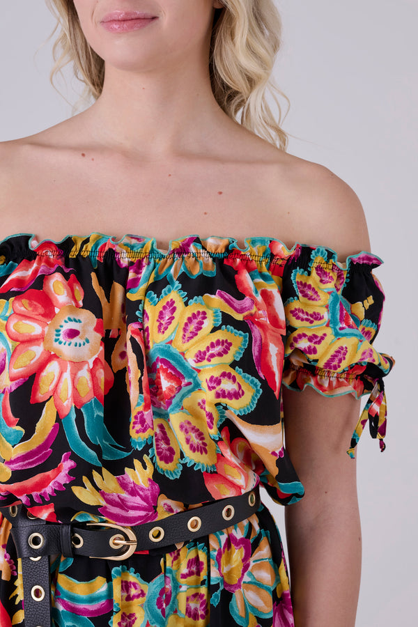 Floral patterned dress bardot neckline - Dress ORIELLAX