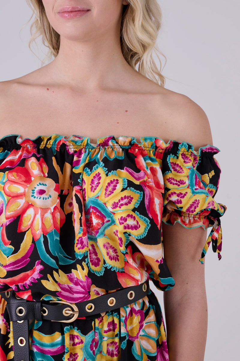 Floral patterned dress bardot neckline - Dress ORIELLAX