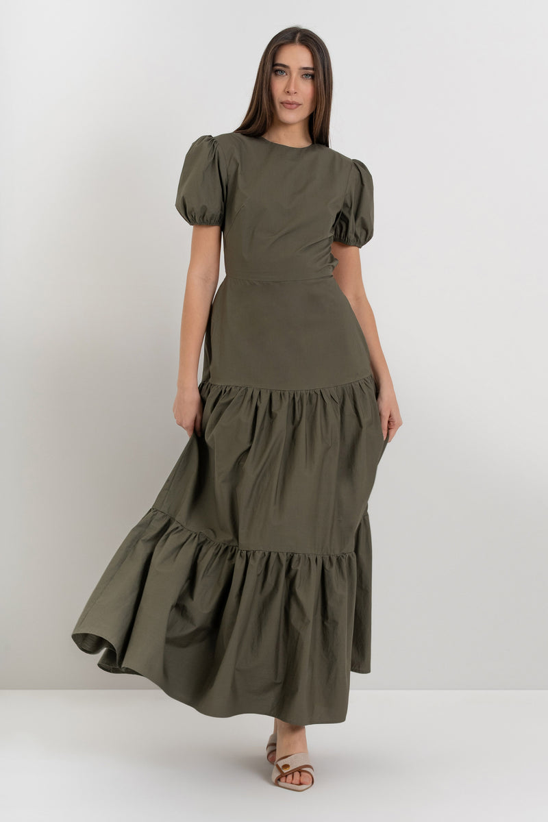 Long cotton dress with an open back and puff sleeves - Shorts ORTENSAX |  Kocca