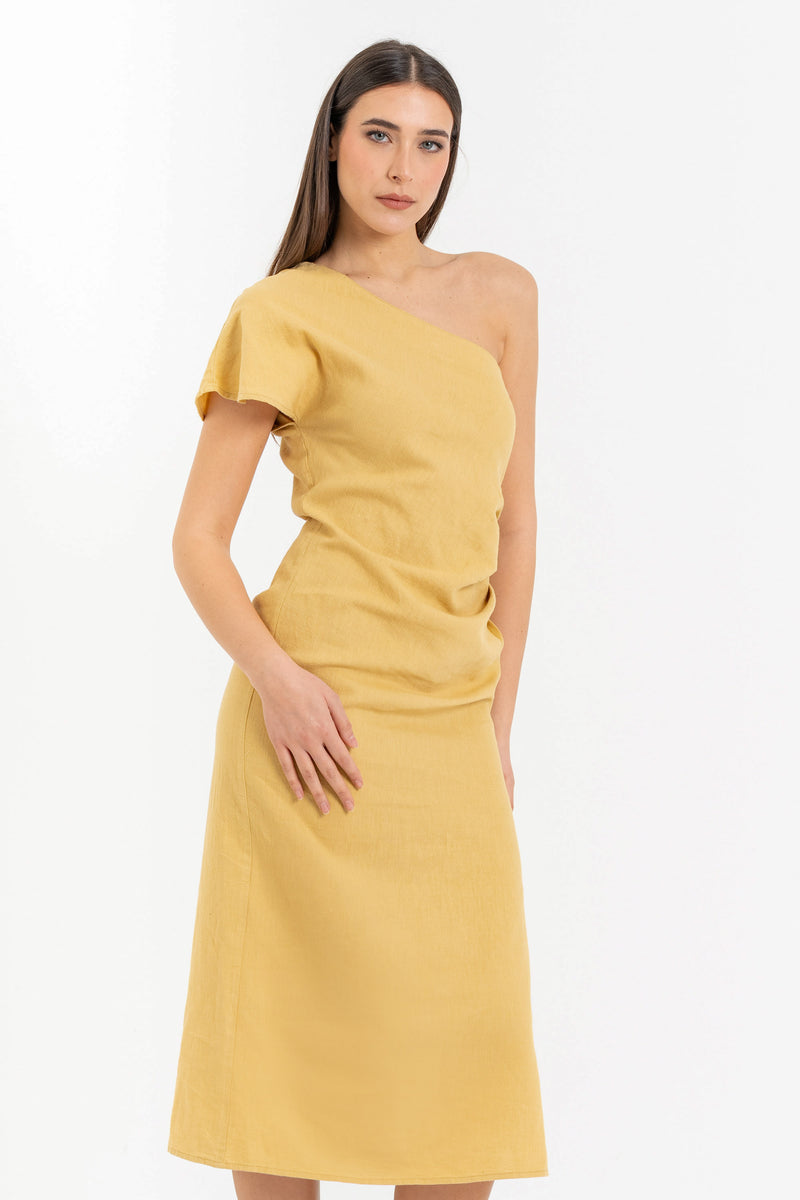 linen one shoulder midi dress One-shoulder midi dress in linen and cotton with side slit - Blazer KARAKX