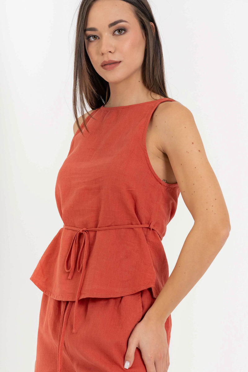 Women's sleeveless peplum top in a linen blend with a belt - Skirt