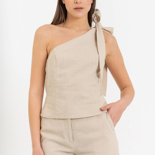 One-shoulder top with a bow in linen, cotton and ramie - Top
