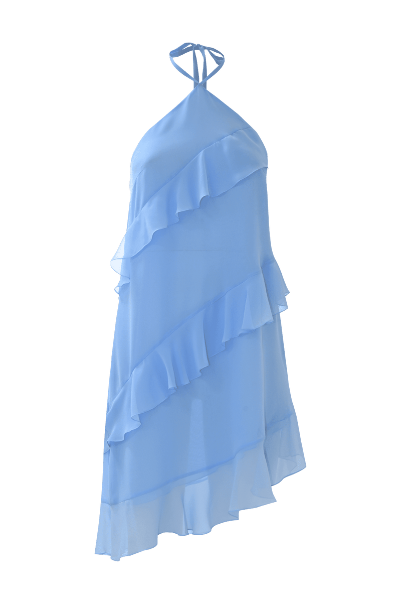 Asymmetrical halterneck mini dress with ruffles - Dress AMELIE