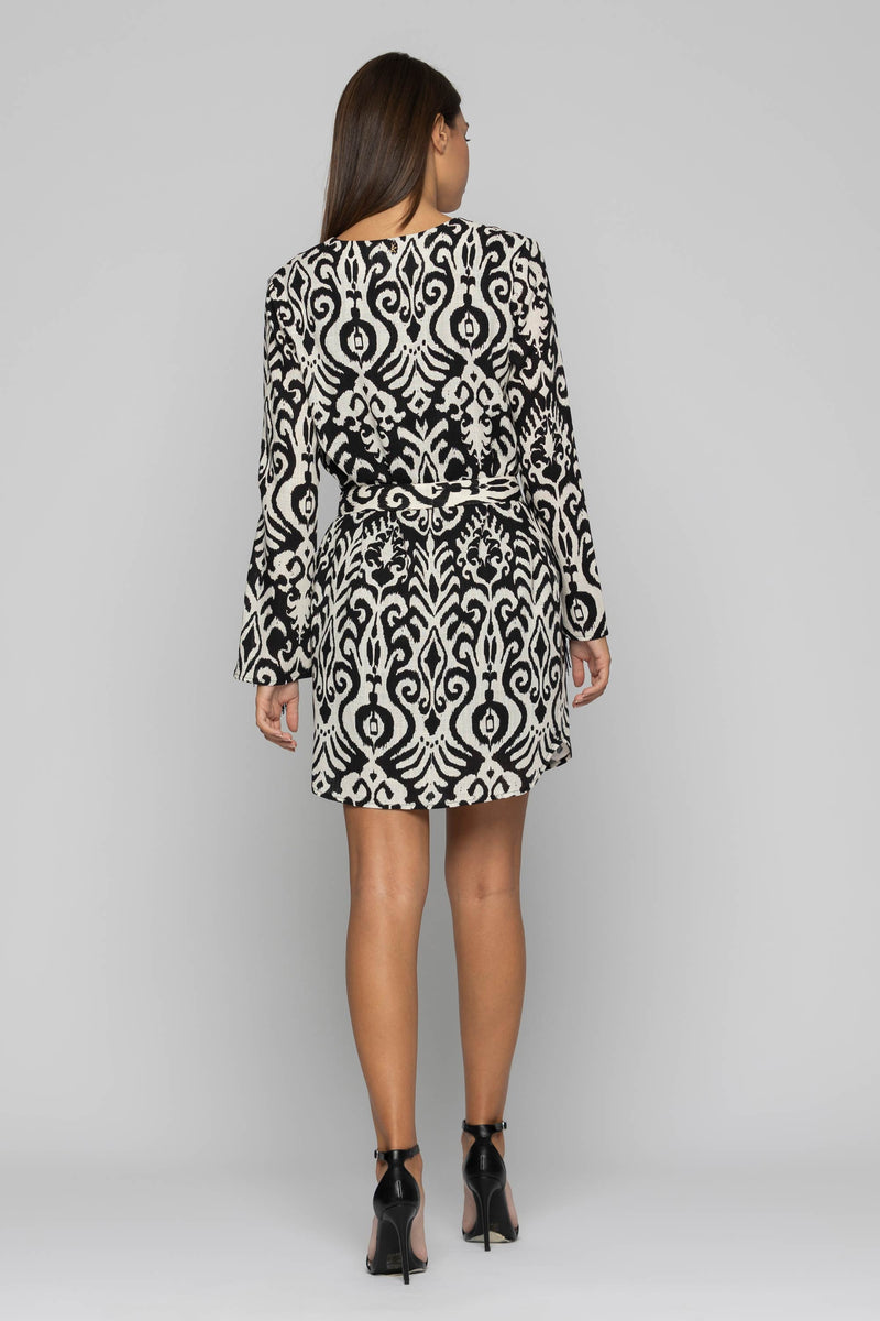 Patterned mini dress with fringes on the shoulders - Dress EVELINE