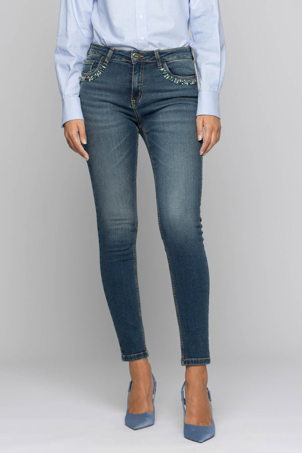 Stretch jeans with appliquéd rhinestones on the pockets - Jeans BACKUP