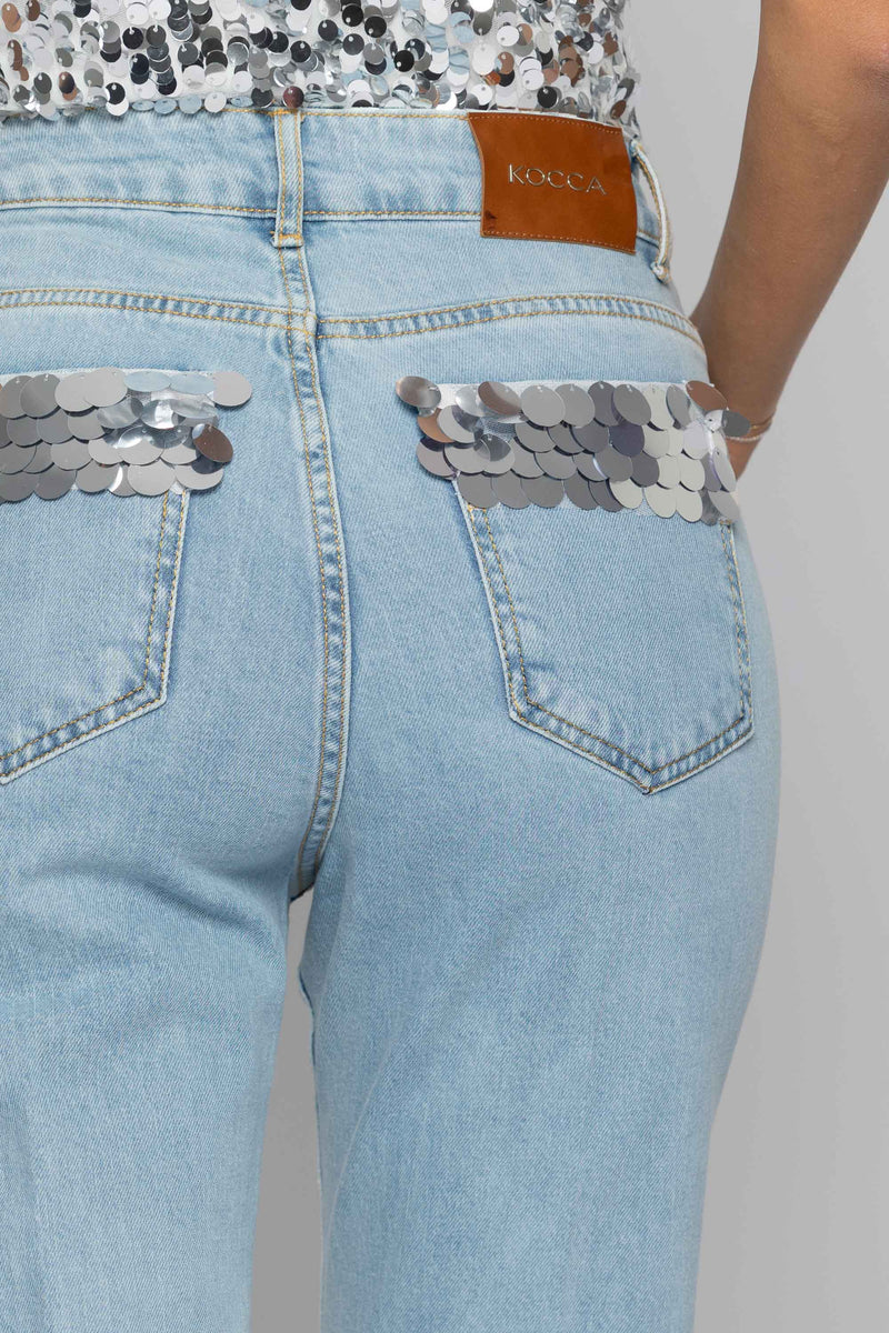 Jeans dritti con paillettes sulle tasche - Pantalone Denim Con Applicazione ALISA