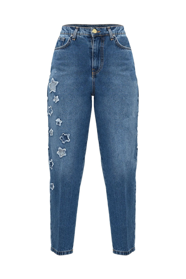 Jeans vita alta con applicazione di stelle - Pantalone Denim STELLA