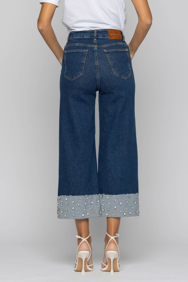 Jeans culotte con applicazione di strass sul risvolto - Pantalone Denim IRIA