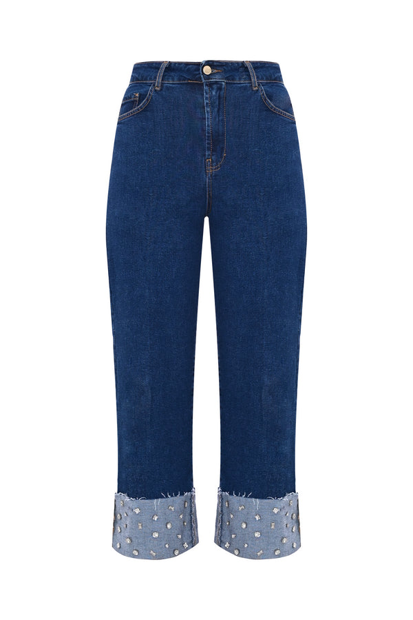 Denim culottes with appliquéd rhinestones on the turn-ups - Jeans IRIA
