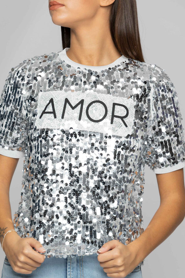 T-shirt ricamata di paillettes con stampa - T-shirt AMOR