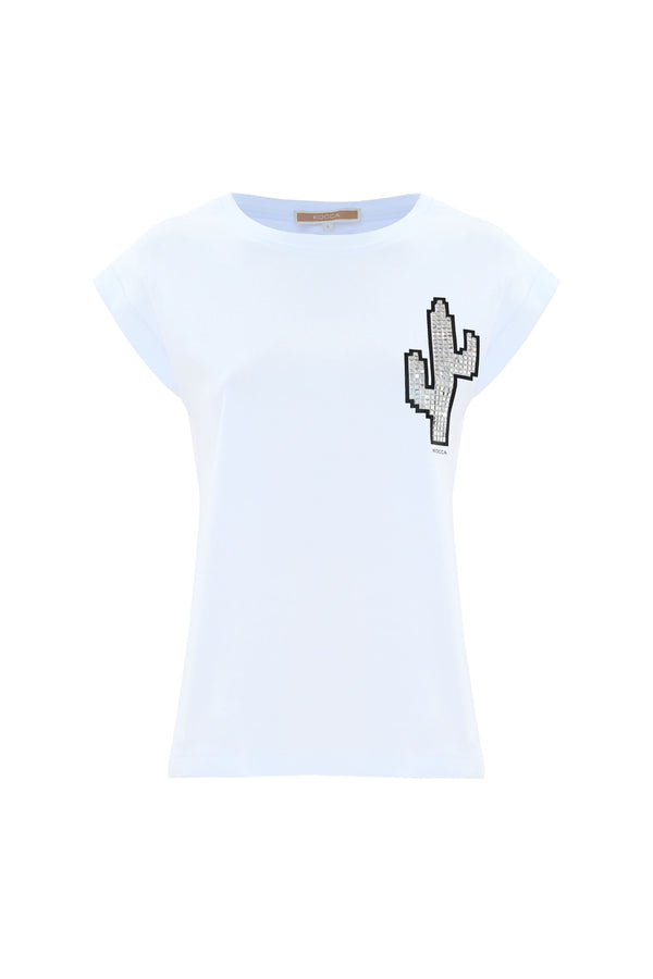 Cotton T-shirt with a rhinestone cactus - T-shirt RIBEN