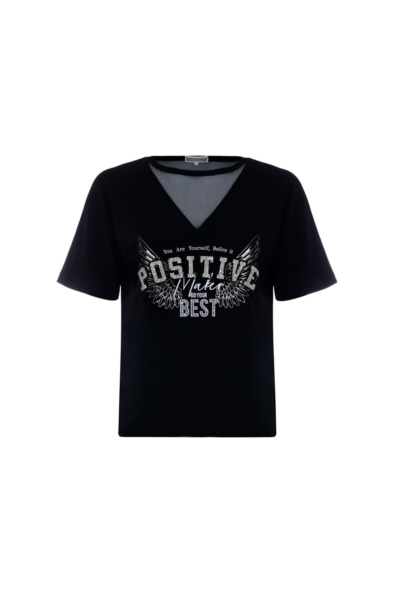 Cotton T-shirt with lettering and rhinestones - T-shirt MERCEDITA